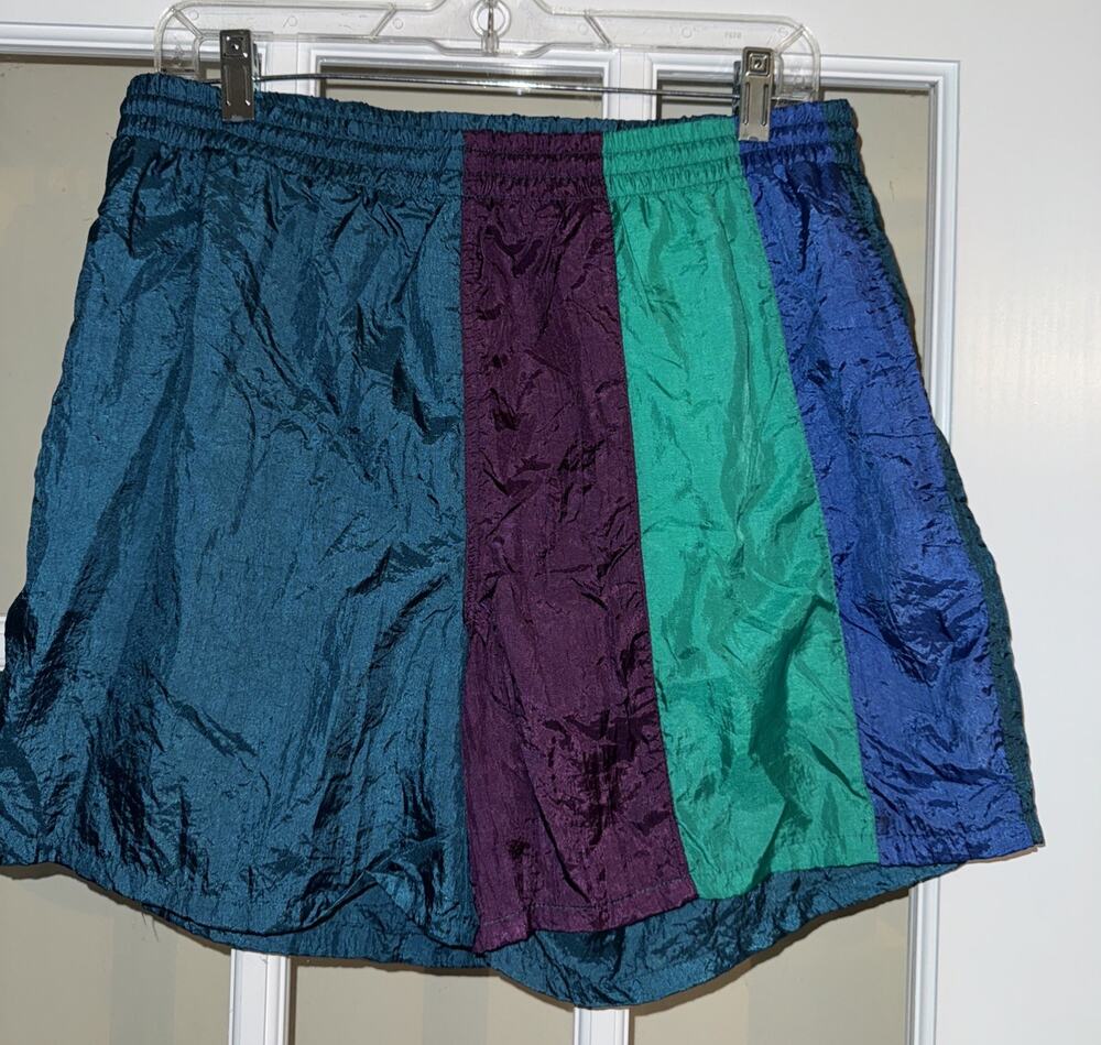 Pacific Scene Mens Swim Trunks Large Green Blue Colorblock Pockets Mesh Vintage